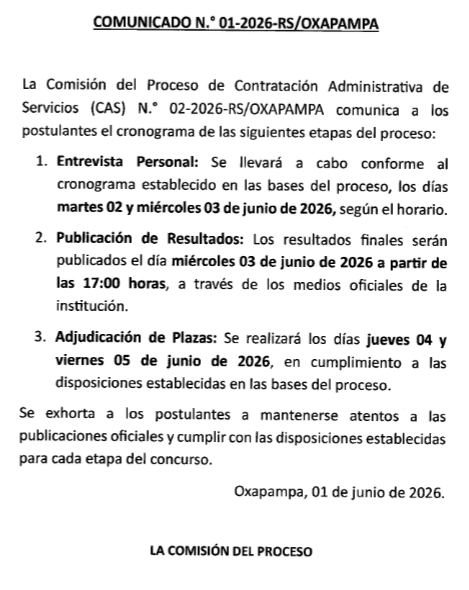 COMUNICADO N°01-2026-RS/OXAPAMPA