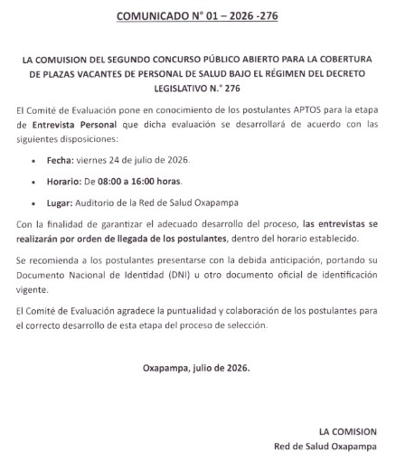 SEGUNDO CONCURSO PUBLICO ABIERTO PARA LA COBERTURA DE LAS PLAZAS VACANTES DE PERSONAL DE SALUD BAJO RÉGIMEN DEL DECRETO LEGISLATIVO N° 276